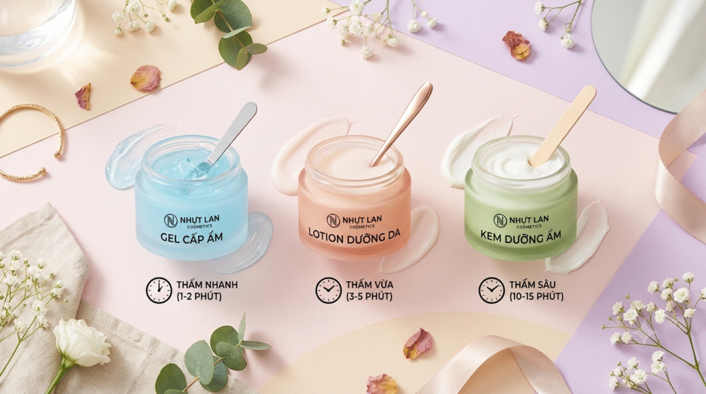 So Sánh thời gian 3 dạng kem : dạng Gel, dạng Sữa Lotion và dạng nén